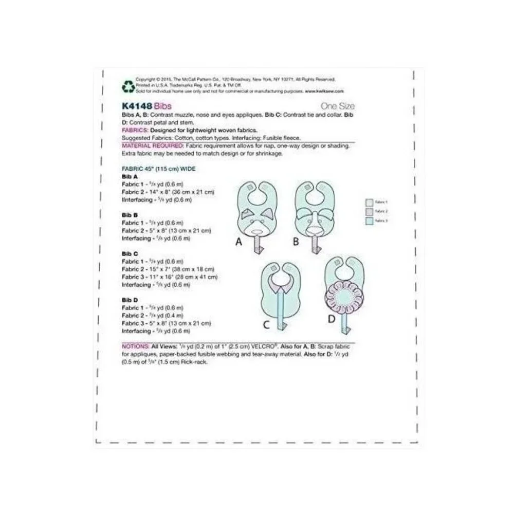 Kwik Sew Sewing Pattern 4148‎ Bibs Baby Toddler Child